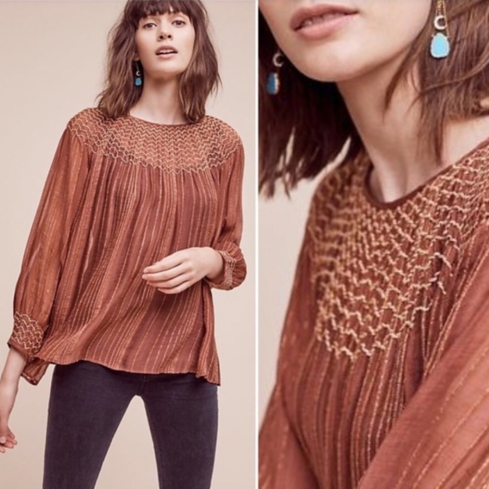 Anthropologie Love Sam Bresle Smocked Peasant Top Pink Metalic Size Small
